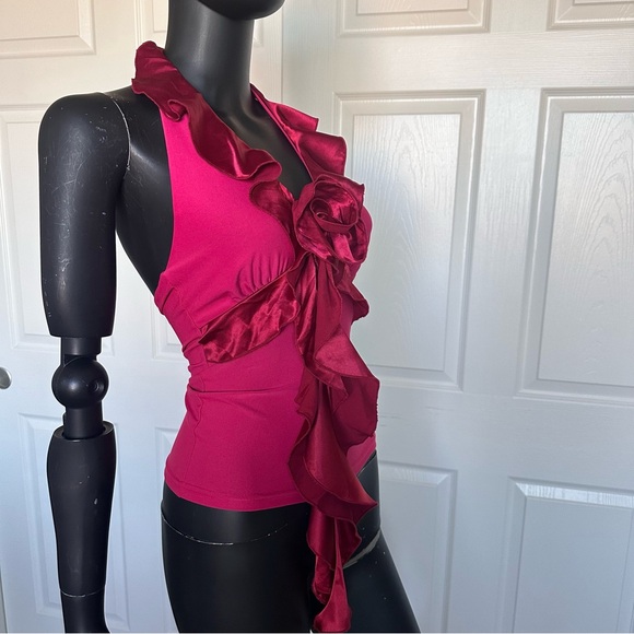 3D Floral ruffled tops sleeveless red stretch 
xs - Picture 4 of 8